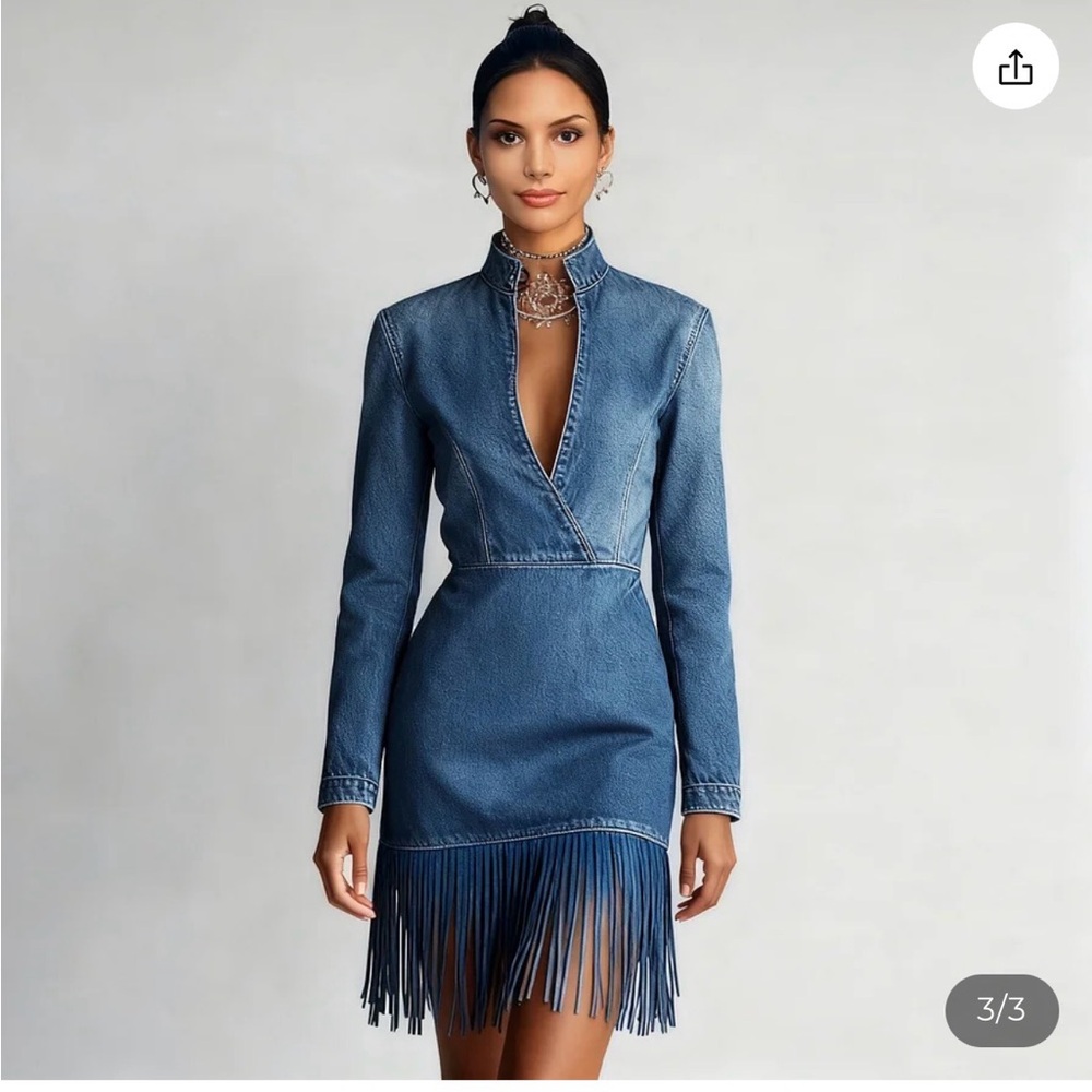Elegant Blue Denim Fringe Dress - Picture 2 of 6
